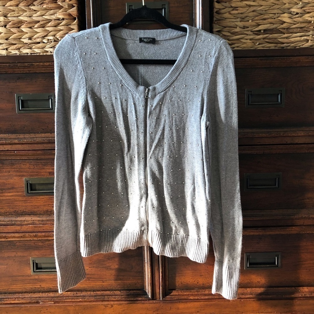 Talbots gray long sleeve zip up cardigan sweater with embellishments in MP